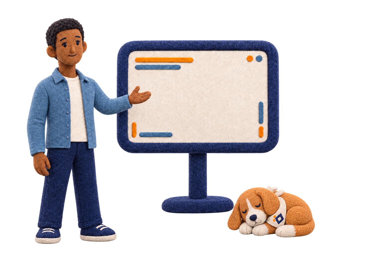 A felt coworker presents a screen while a Beagle sleeps beside its stand.
