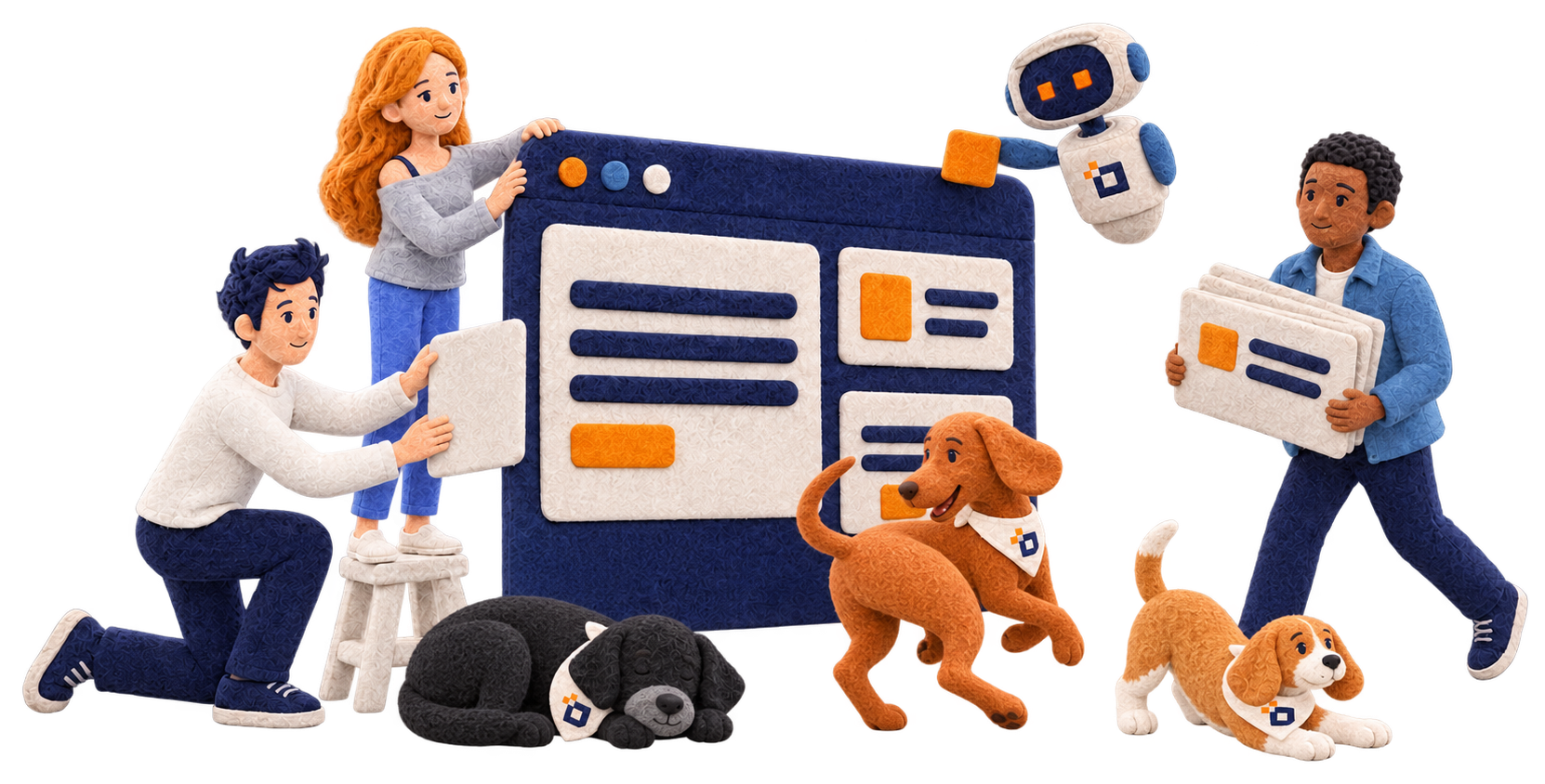 The bin.md team and floating bot build a website while the Lab naps, the Beagle stretches, and the Vizsla chases its tail.